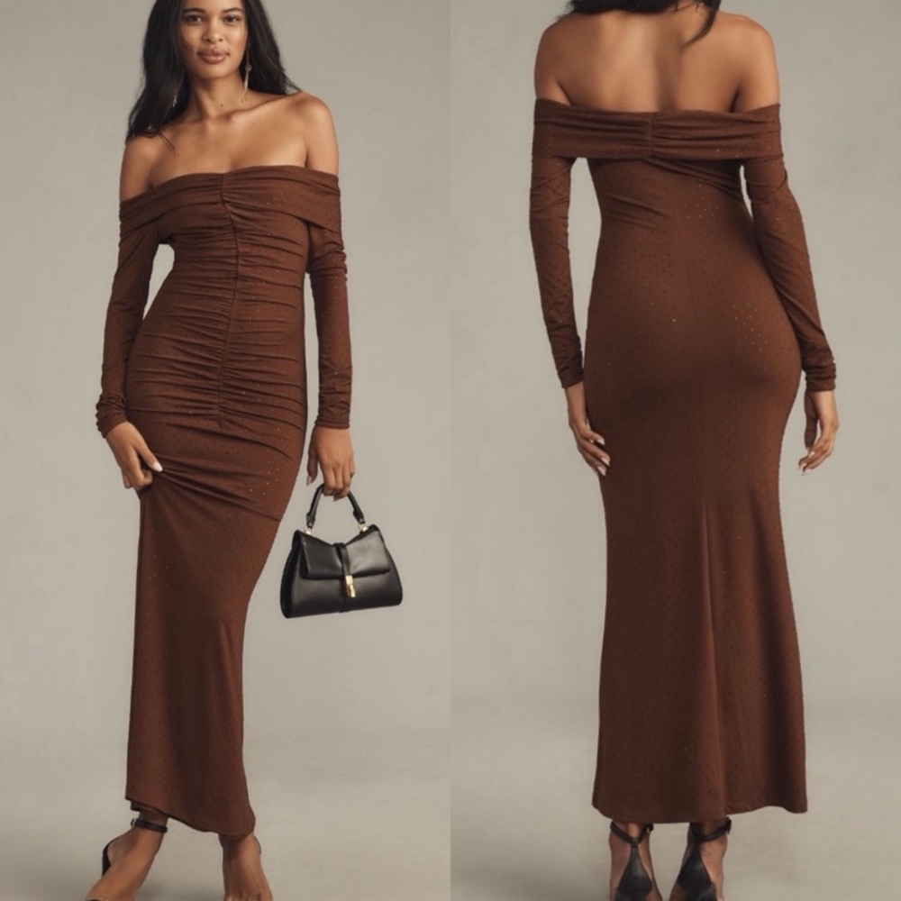 Anthro Bardot Artura Diamante Fitted Off shoulder Ruched Maxi Dress Event Dates - Picture 15 of 15